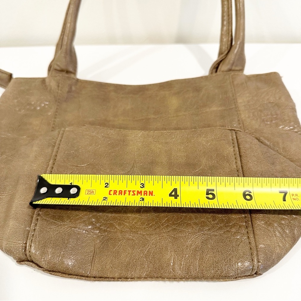 Elegant Tan Flower Crinkle Zipper Small Tote Handbag with Floral Accent - Picture 6 of 10
